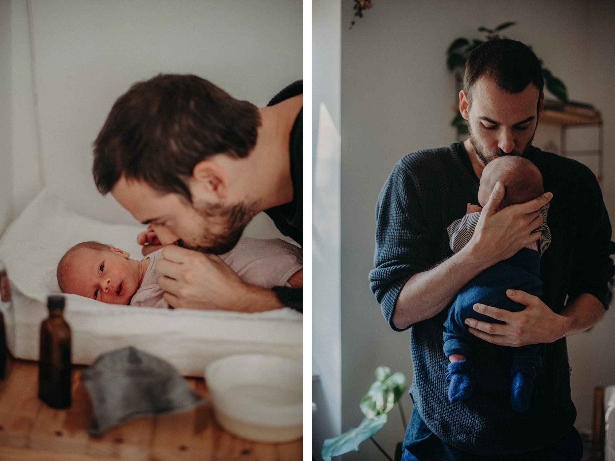 Vater mit Neugeborenen, Blogpost Babyfotoshooting selber machen, Fotografin Freiburg