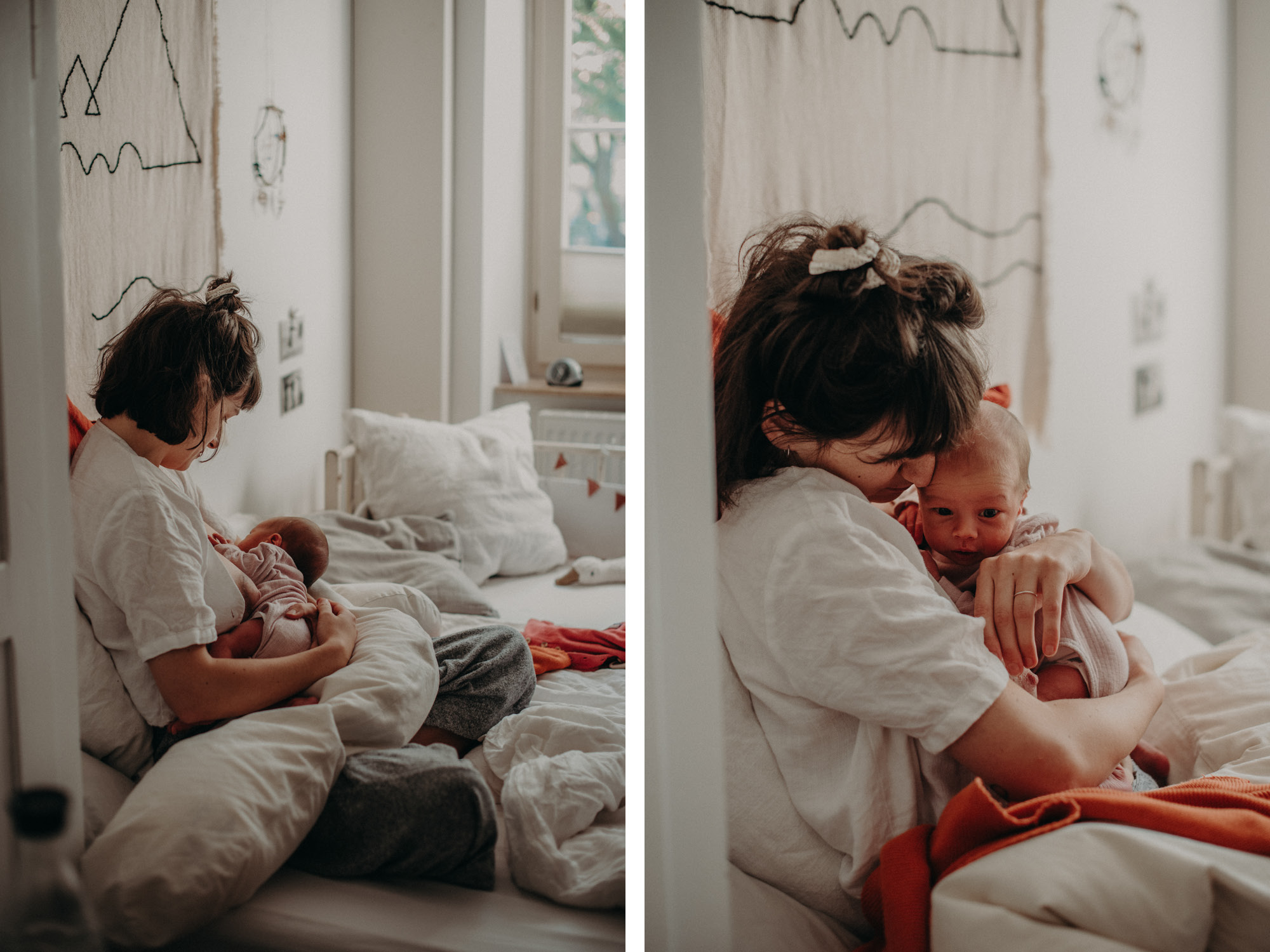 Mutter mit Neugeborenen im Wochenbett, Blogpost Babyfotoshooting selber machen, fotograf in basel